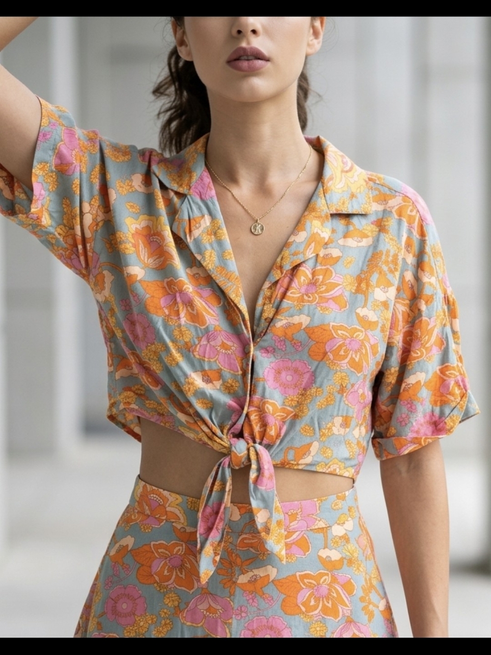 Love Notes Retro Floral Tie-Front Cropped Blouse, Size Medium Boho Hippie